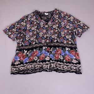 Vintage First Option Blouse Large 90s Floral Rayon Button Front Black Red USA